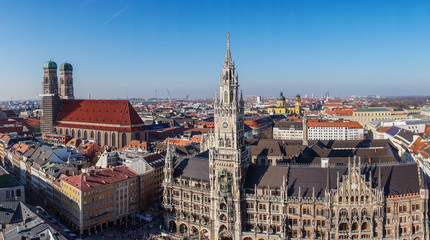 Fototapeta na wymiar Panorama view of Munich city center showing the City Hall and the Frauenkirche