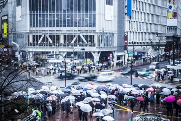Foto op Plexiglas People crossing an intersection by pulling an umbrella © Monet