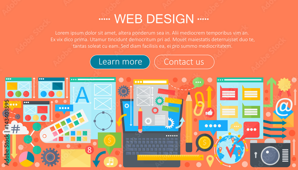 Aufkleber Web design flat concept. Programming apps infographics template header design. Vector illustration.