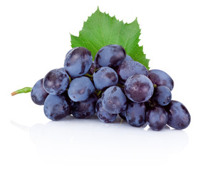 Fresh blue grapes with green leaf isolated on white background