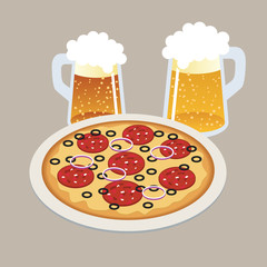 Pizza and two draft, beers in isometric 3d style Tasty pizza on the plate. Bar