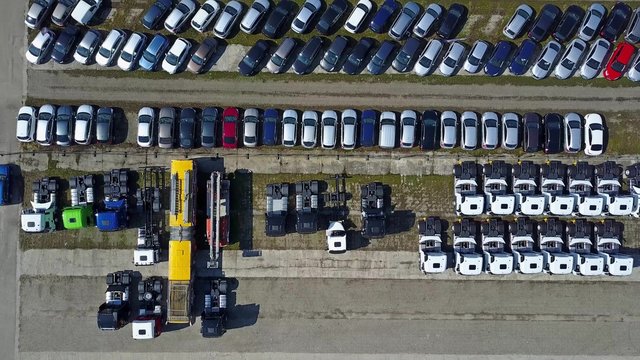 Aerial Shot Of Cars And Trucks Storage, Top View