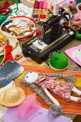 Fototapeta premium sewing accessories top view, seamstress workplace, many object for needlework, embroidery, handmade and handicraft