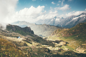 Obraz premium Mountains lake and clouds Landscape Travel aerial view idyllic scenery wild nature calm summer atmospheric scene
