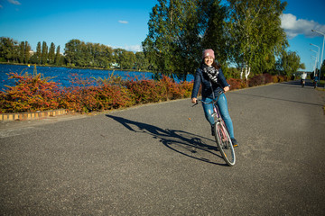 Girl biking in city