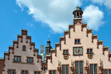 The front facade of the two ancient buildings of Frankfurt am Main with stepped gables. Germany.