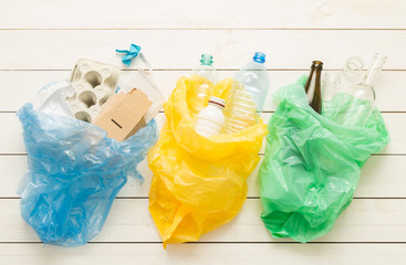 Recycling and ecology - sorting waste into bags - obrazy, fototapety, plakaty