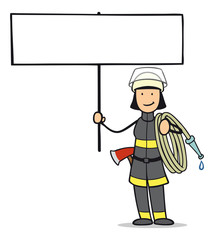 Cartoon Frau von Feuerwehr mit Schild