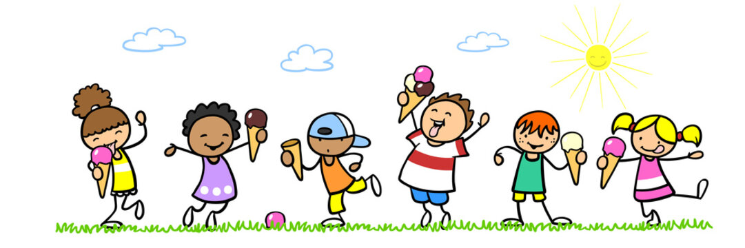 Cartoon Kinder essen Eis im Sommer Stock Illustration | Adobe Stock