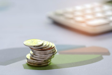 Concept business,Coin and calculator placed on the graph.