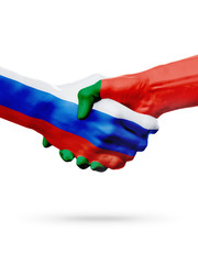 Flags Russia, Portugal countries, partnership friendship handshake concept.