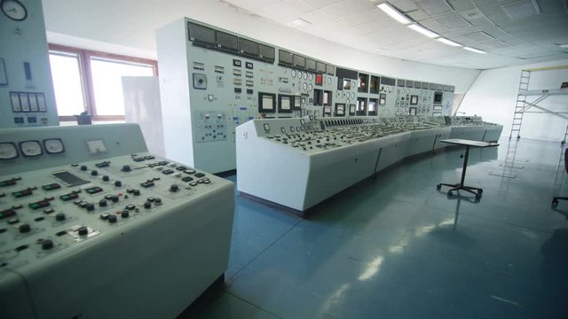  Interior view of system control panel in power plant control room. No people.