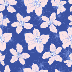 Blossom Apple flower hand drawn isolated on blue background, seamless vector floral pattern, pink sakura outline art texture for greeting card, package design cosmetic, wedding invitation, wallpaper