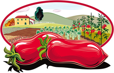 oval frame with agricultural landscape and tomatoes