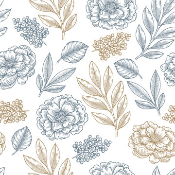 Floral seamless pattern. Linear sketchy style flower elements. 