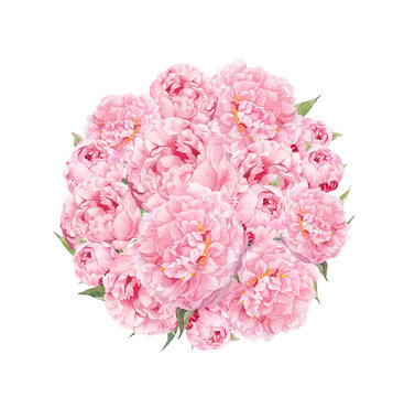 Flowers pattern with peonies. Round bouquet of pink flowers. Floral watercolor