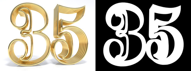 Golden number thirty five on white background with drop shadow and alpha channel. 3D illustration