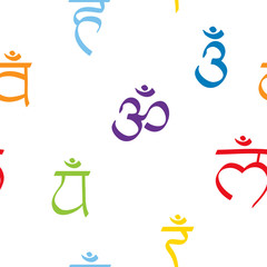 seamless pattern with signs and names of chakras in Sanskrit for your design
