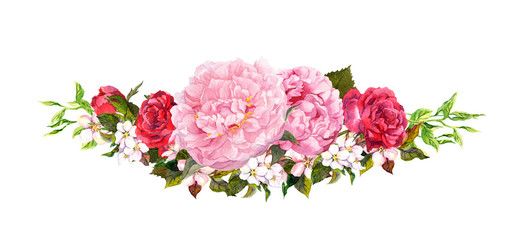 Pink peony flowers, roses, white apple or cherry flowers. Watercolor in vintage style © zzorik