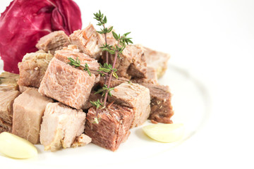 Cold boiled pork is cooked in a sous-vide