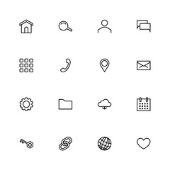 Set of 16 black material design outline web icons vector illustration for web design, user interface (UI) and infographic