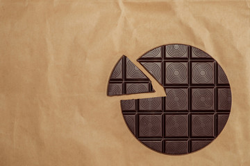 Bar of Round chocolate on old brown wrinkled paper. Pie chart concept