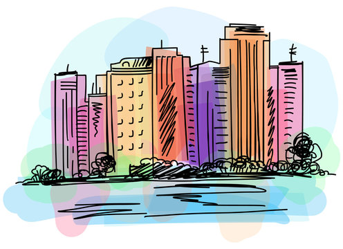 Cityscape view on embankment. Hand drawn digital vector watercolor and markers illustration.