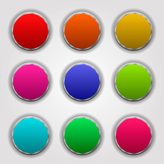 Round multicolored buttons in metal frame on a white background
