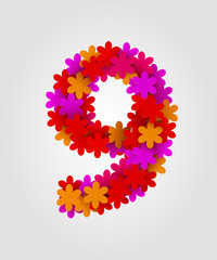 Floral numbers. Colorful flowers. Number 9