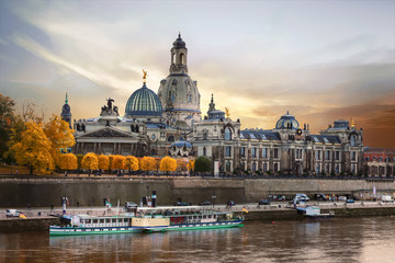 Beautiful romantic Dresden over sunset. Landmarks and river cruises in Germany
