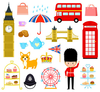 Fototapeta set of cute cartoons related to London