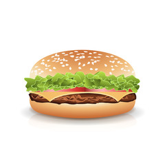 Fast Food Realistic Burger Vector. Hamburger Fast Food Sandwich Emblem Realistic Isolated On White Background Illustration