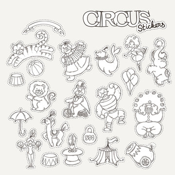 Circus cartoon stickers collection with chapiteau tent and trained wild animals.