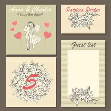 Set of wedding invitation cards with a hand-drawn floral pattern and a cute illustration of a couple in cartoon style. 
