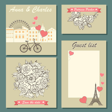 Set of wedding invitation cards and labels with a hand-drawn floral pattern and cute illustration. Templates
