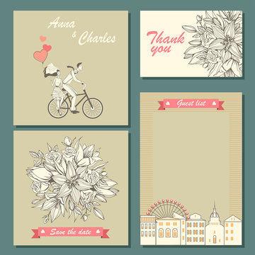 Set of wedding invitation cards and labels with a hand-drawn floral pattern and illustration of a couple on a bicycle. Templates
