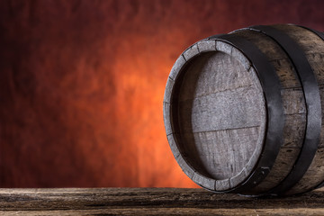 Wooden barrel. Old wooden keg. Barel on beer vine whiskey brandy or cognac.