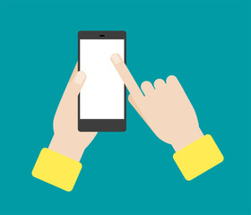 Vector Illustration of Hands holding and touch a phone mockup in flat style