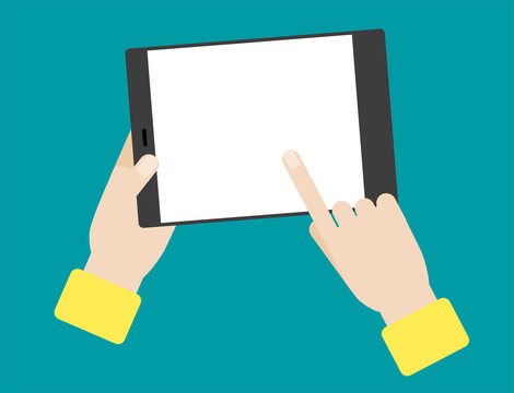 Vector Illustration Of Hands Holding And Touch A Tablet Mockup In Flat Style