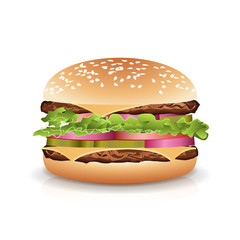 Fast Food Realistic Burger Vector. Hamburger Icon With Meat, Lettuce, Cheese And Tomato. Isolated