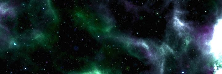 Star field voyage with green cosmic space nebula, digital art illustration work.