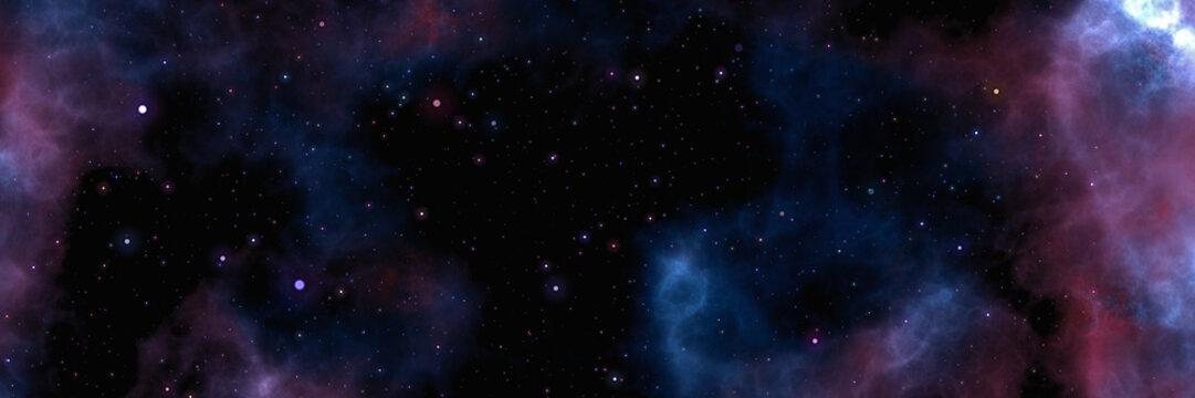 Star field voyage with blue and red cosmic space nebula, digital art illustration work.