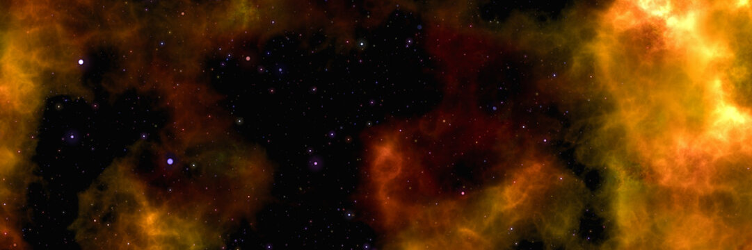 Star field voyage with orange cosmic space nebula, digital art illustration work.