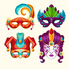 Collection of cartoon illustrations of venetian painted carnival facial masks for a party decorated with feathers and rhinestones isolated on a light background