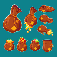 Collection of vector cartoon illustrations of bags with gold coins and jewels. Can be used as elements of game design