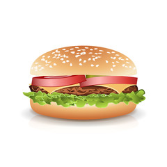 Fast Food Realistic Popular Burger Vector. Photo Realistic Illustration Of The Double Cheeseburger Isolated On White Background.