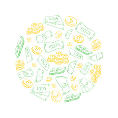 Hand Drawn Golden Coins and Green Cash Dollars Arranged in a Circle. Doodle Drawings of Cash. Vector Illustration.