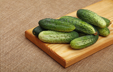 Cucumbers at wooden board on canvas