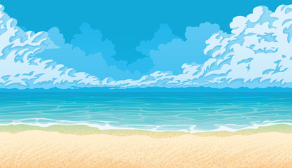 Fototapeta na wymiar Horizontal seamless background with coast, ocean and clouds. Sandy beach.