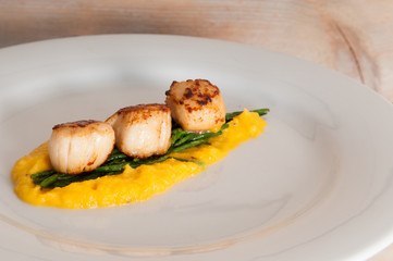 gourmet seafood dish of scallops and asparagus on a white plate